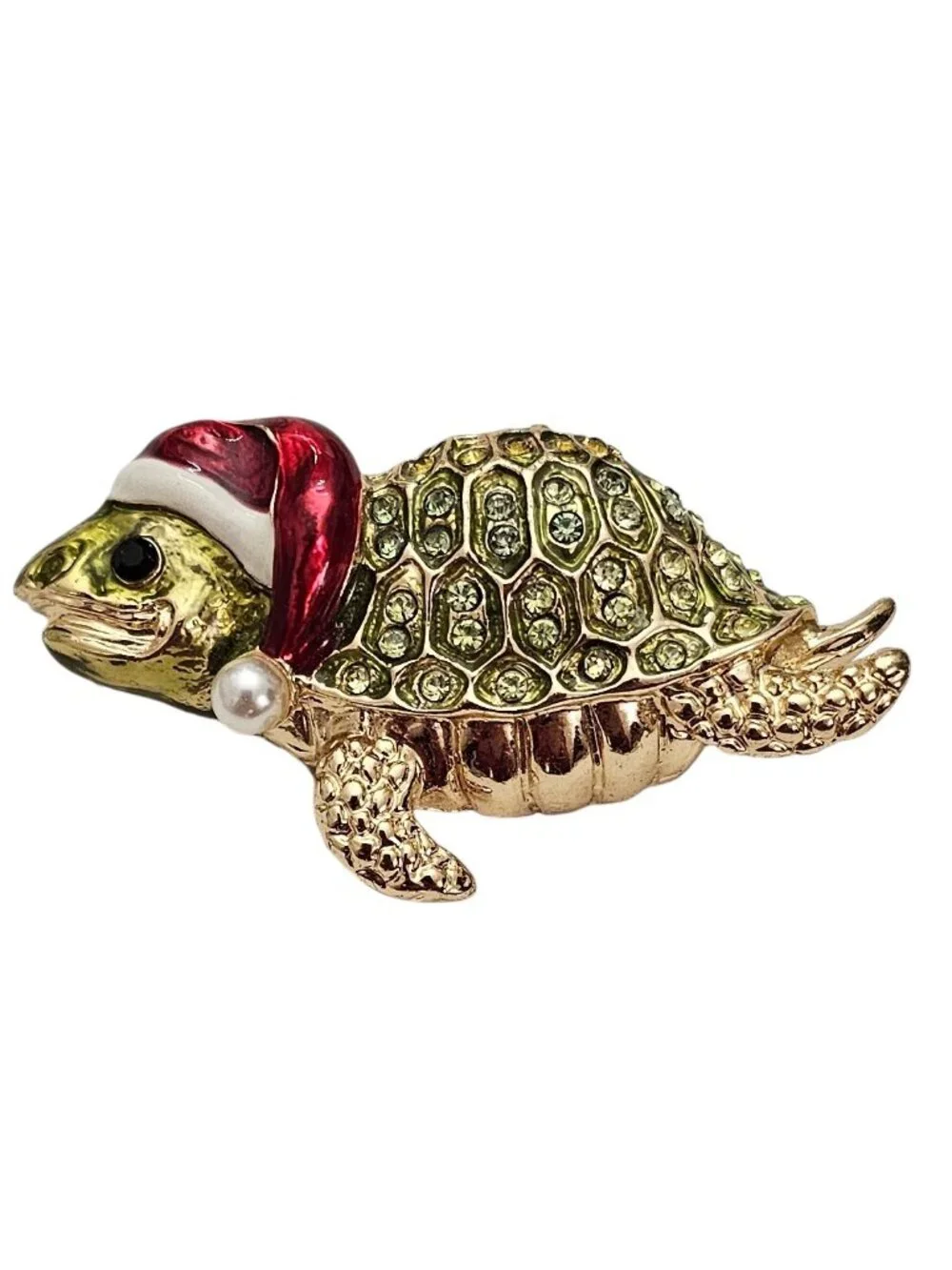 Green Rhinestone Christmas Sea Turtle Brooch Red Enamel Santa Hat L448
